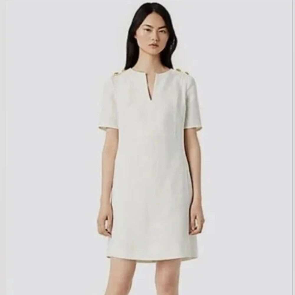 Tory Burch Linen Dress Ivory Spit Neck Gold Button Size 12